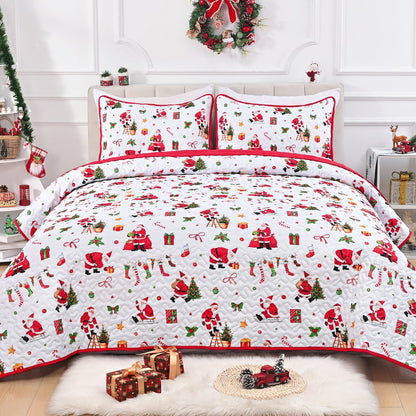 BLEUM CADE 3 Piece Christmas Quilt Queen Size, Christmas Tree and Santa Claus Quilts Bedding Set, Christmas Decor Soft Lightweight Bedspread Coverlet Set(1 Quilt, 2 Pillow Cases)