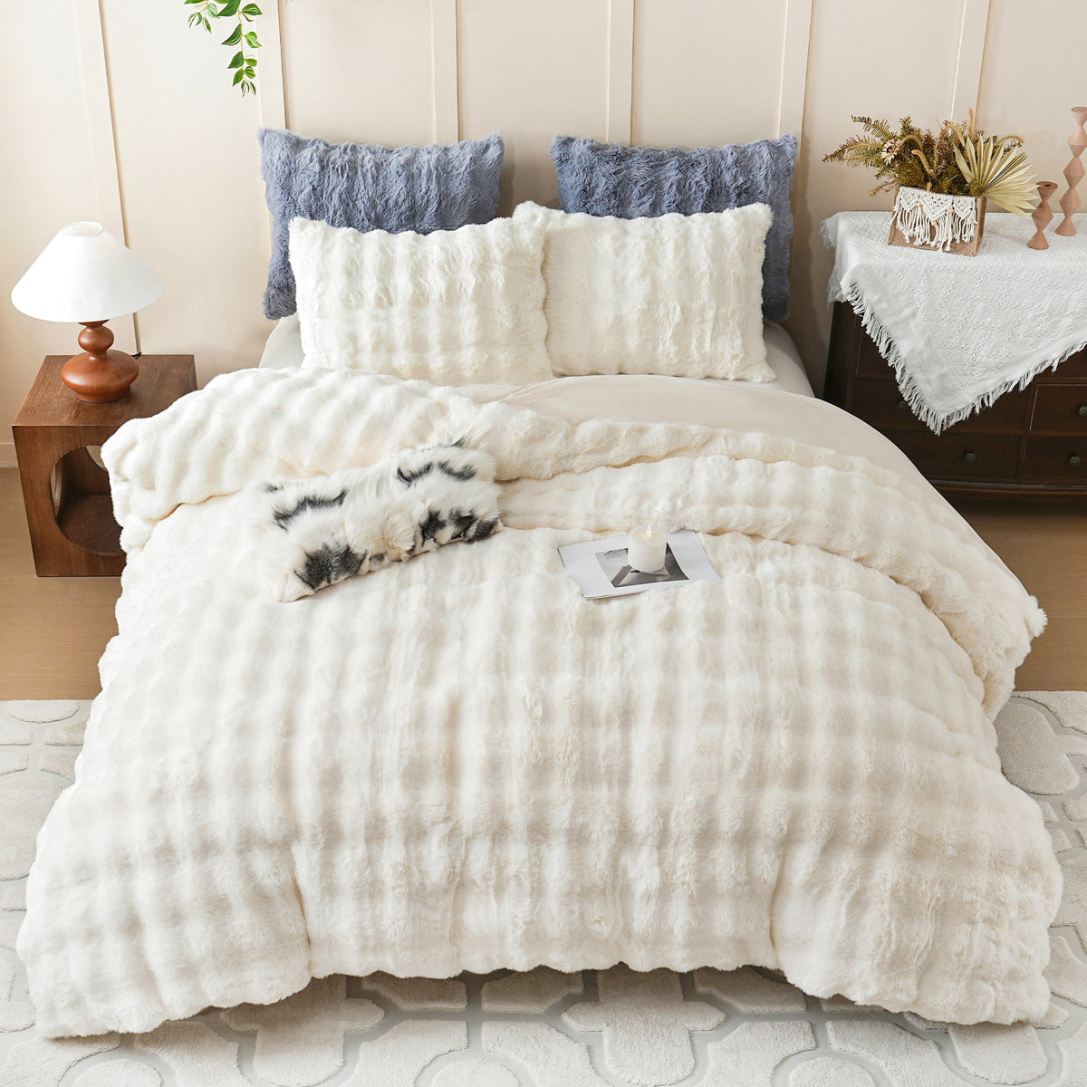 BLEUM CADE 3 Piece Fluffy Comforter Set King Size,Fuzzy Soft Faux Rabbit Fur Bedding Set Off -White,Shaggy Plush Duvet Cover Set with 2 Pillowcases