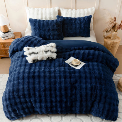 BLEUM CADE 3 Piece Fluffy Comforter Set King Size,Fuzzy Soft Faux Rabbit Fur Bedding Set,Shaggy Plush Duvet Cover Set with 2 Pillowcases,Navy Blue