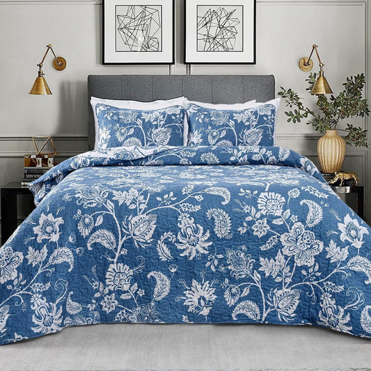 BLEUM CADE 3 Piece Quilt Set King Size, Blue Floral Reversible Quilts Bedding, Soft Lightweight Bedspread Coverlet Set(1 Quilt, 2 Pillow Shams)