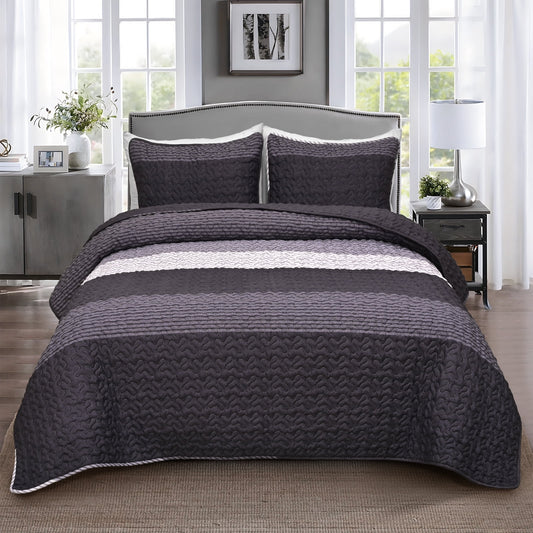 BLEUM CADE 3 Piece Twin Quilt Set with 1 Pillow Shams,Purple Gray Lightweight Bedspread for All-Season,Handblock Striped Reversible Quilt Coverlet for Twin Bed