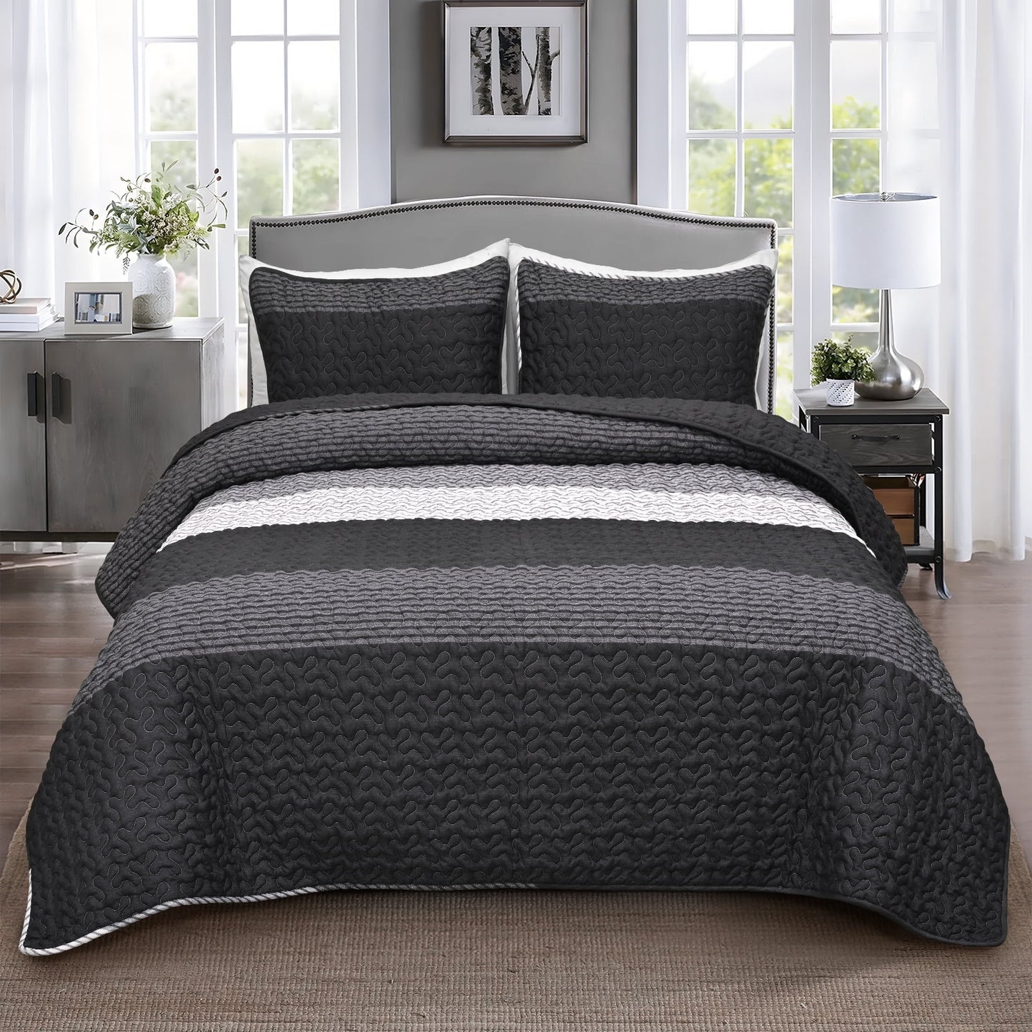 BLEUM CADE 3 Piece Twin Quilt Set with 1 Pillow Shams,Purple Gray Lightweight Bedspread for All-Season,Handblock Striped Reversible Quilt Coverlet for Twin Bed