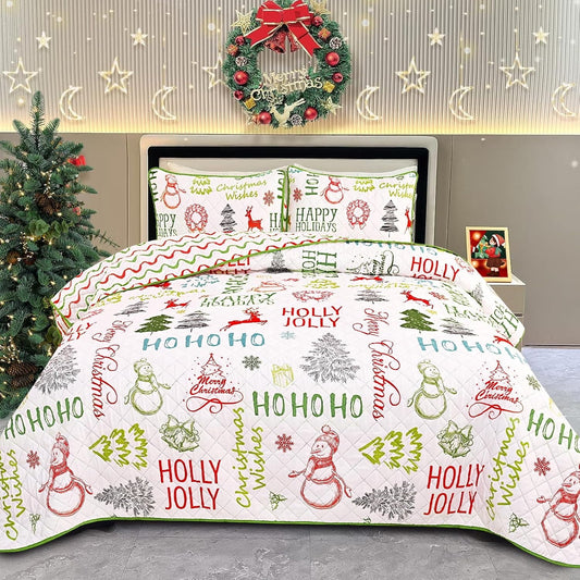 BLEUM CADE 3 Pieces Christmas Quilt Set Queen Size,Snowman Xmas Decor Lightweight Quilt Bedspread Coverlet Sets,Colorful Winter Holiday Bedding Set