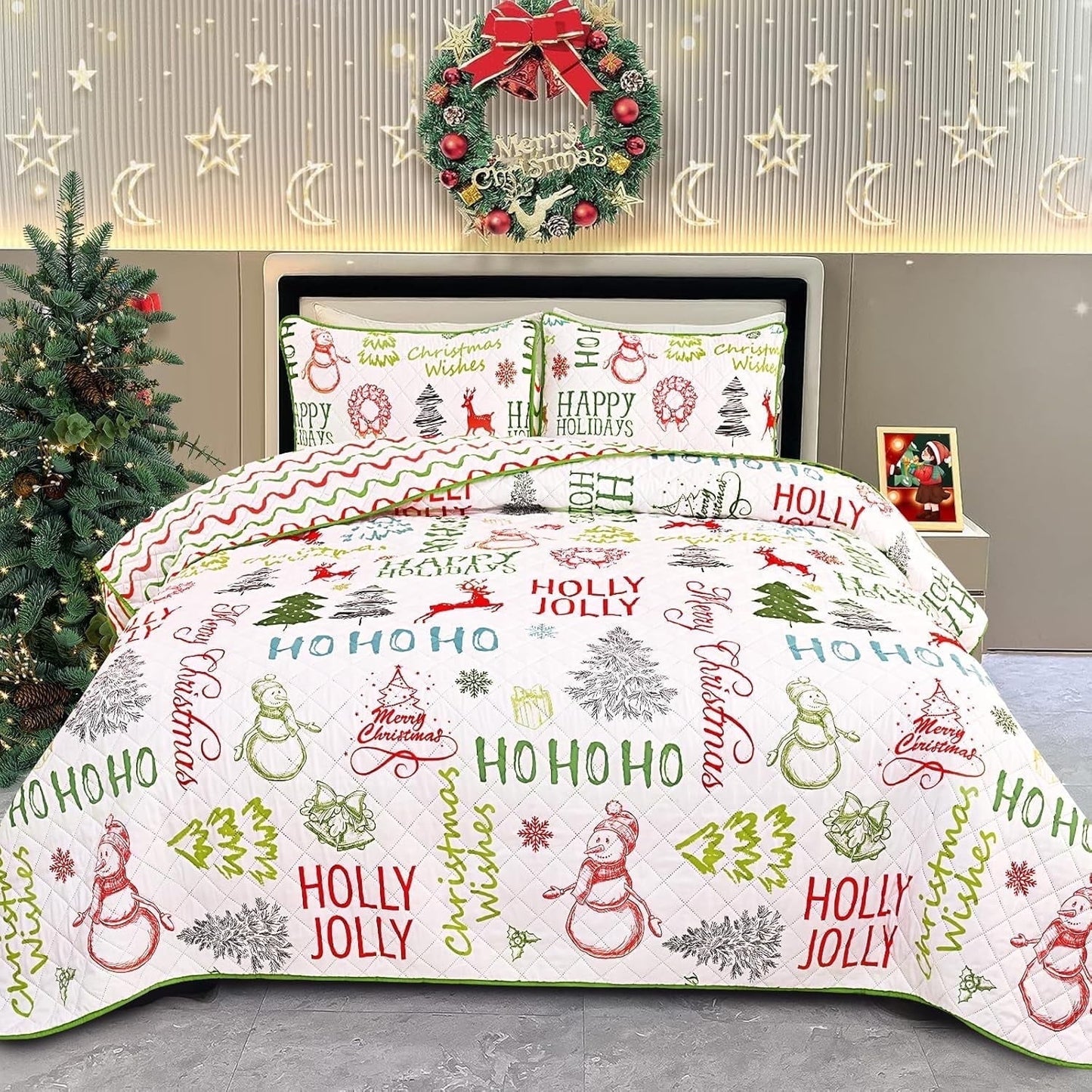 BLEUM CADE Christmas Quilts Queen Size 3 Piece, Santa Claus & Snowflake Quilt Bedding Set, Christmas Decor Soft Lightweight Bedspread Coverlet Set (1 Quilt, 2 Pillow Cases)