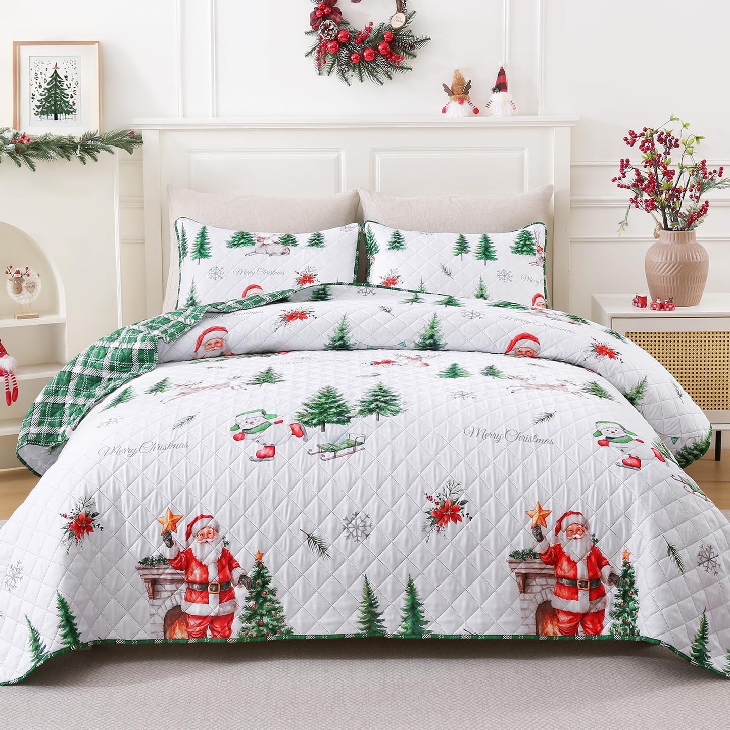 BLEUM CADE 3 Pieces Christmas Quilts Sets Queen Size, Christmas Tree Quilt Bedding Set, Reversible Green Buffalo Plaid Comforter Sets, Santa Claus Soft Lightweight Xmas Bedspread Coverlet, 90"x90"