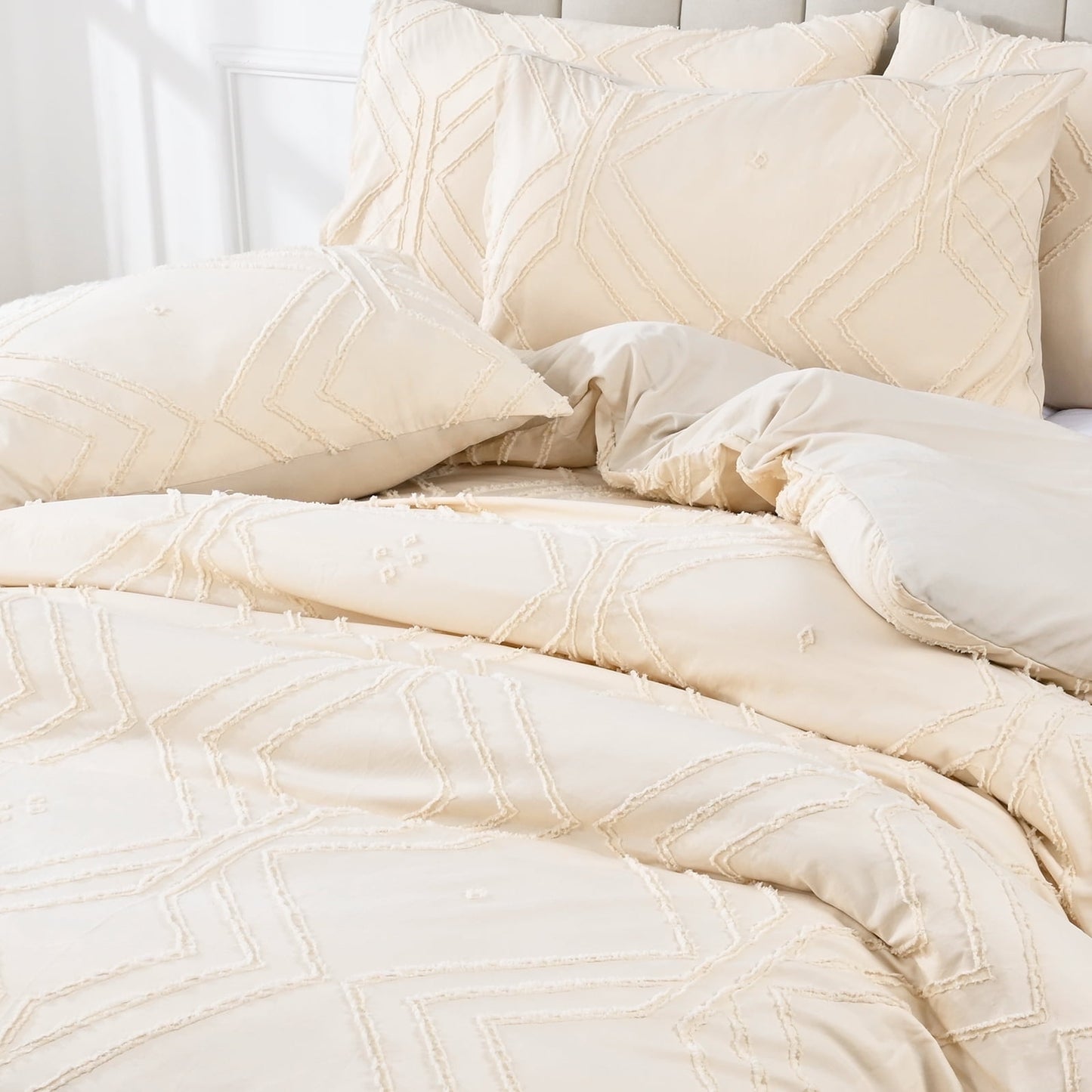 BLEUM CADE 3 Pieces Comforter Set King Size Soft Breathable Duvet Cover Set,Tufted Geometric Bed Comforter Cover Set,Beige