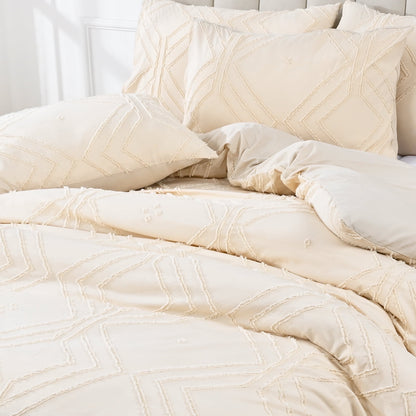 BLEUM CADE 3 Pieces Comforter Set King Size Soft Breathable Duvet Cover Set,Tufted Geometric Bed Comforter Cover Set,Beige