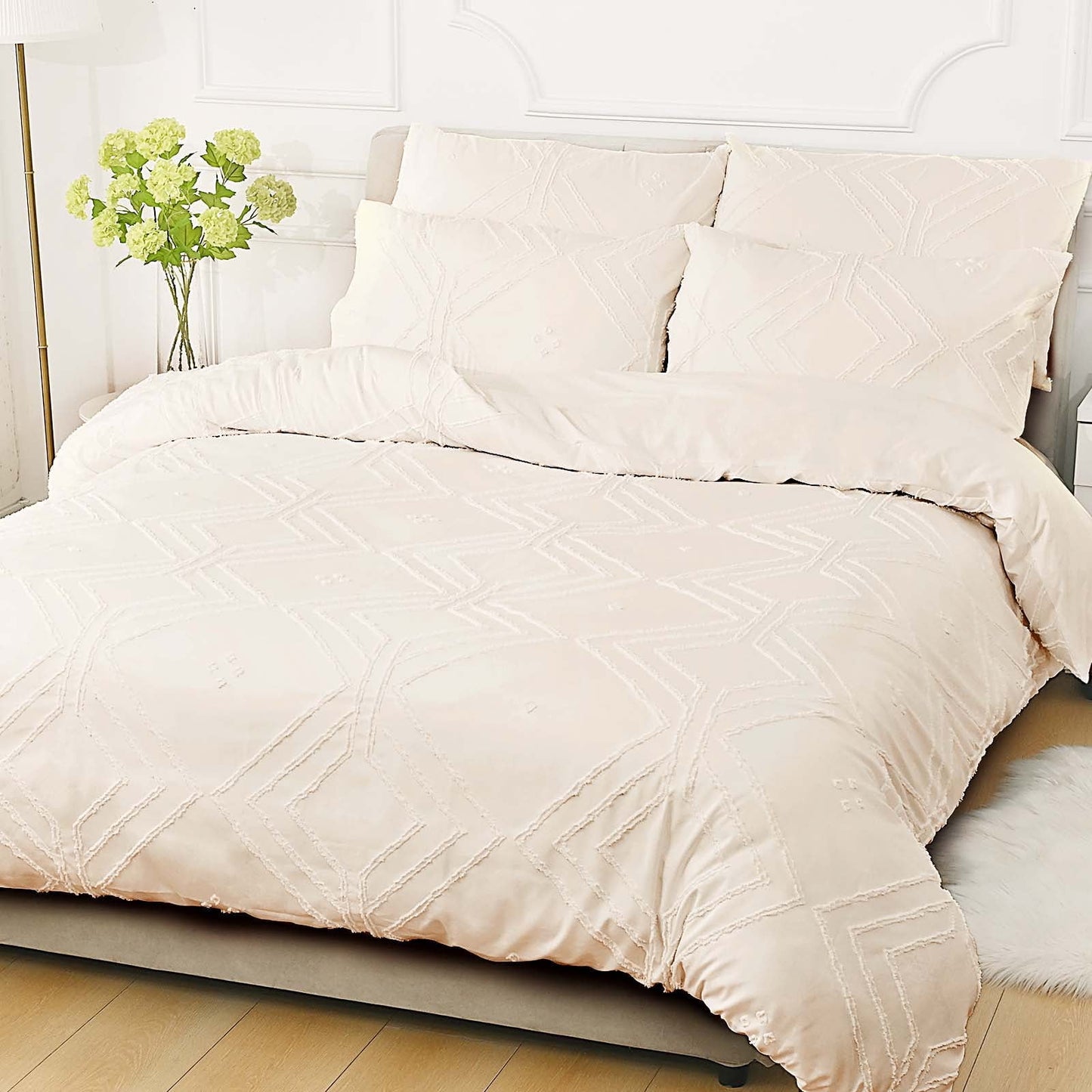 BLEUM CADE 3 Pieces Comforter Set King Size Soft Breathable Duvet Cover Set,Tufted Geometric Bed Comforter Cover Set,White