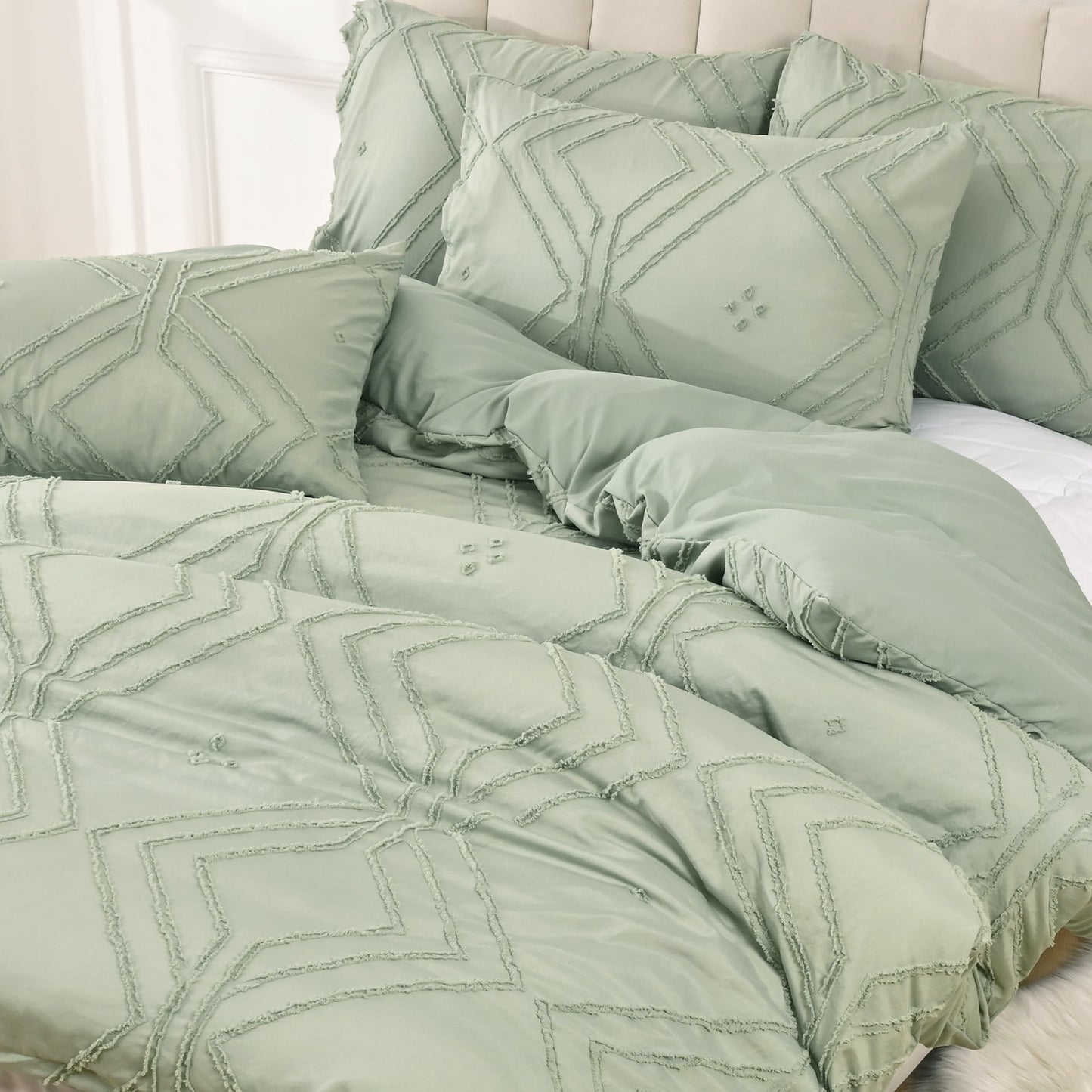 BLEUM CADE 3 Pieces Comforter Set Queen Size Soft Breathable Duvet Cover Set,Tufted Geometric Bed Comforter Cover Set,White