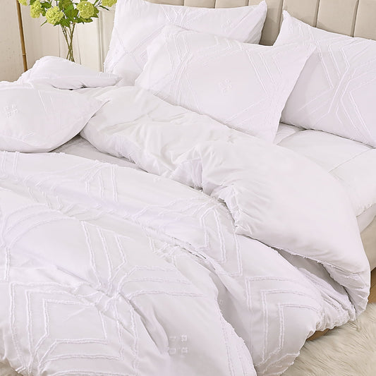 BLEUM CADE 3 Pieces Comforter Set Queen Size Soft Breathable Duvet Cover Set,Tufted Geometric Bed Comforter Cover Set,White