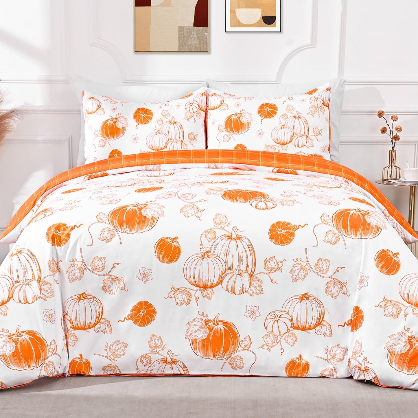 BLEUM CADE 3 Pieces Fall Duvet Cover Set,King Size Thanksgiving Pumpkins Lightweight Comforter Cover Set,Reversible Buffalo Plaid Bedding Cover Quilt Set