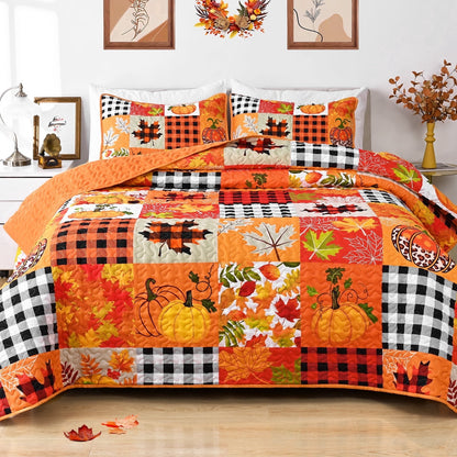 BLEUM CADE 3 Pieces Fall Quilt Set King Size, Thanksgiving Pumpkin Maple Leaves Plaid Bedding Set , Soft Lightweight Bedspread Coverlet Set King