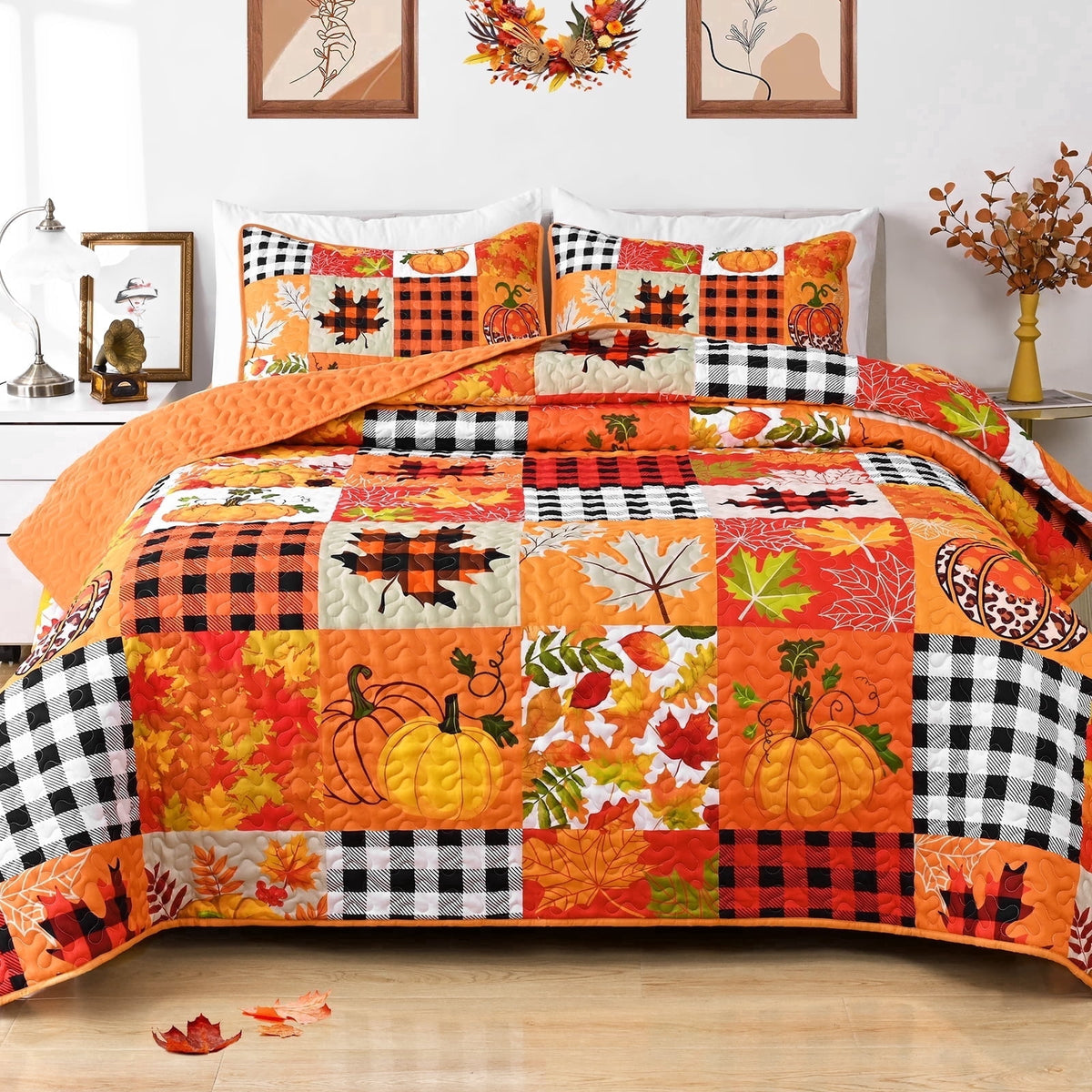 Bleum Cade Fall Quilt Set 3 Pieces King Size, Thanksgiving Blue & Yellow Pumpkins Bedding Set,Soft Lightweight Coverlet Set for King Bed,(Off-white,90"x 104")