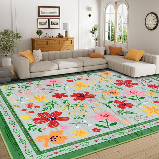 BLEUM CADE 5x7 Area Rug, Floral Rugs for Living Room, Lightweight Non Slip Washable Rug, Indoor Low Pile & Non-Shedding Vintage Rugs Carpet for Bedroom, Living Room, Dining Room, Green