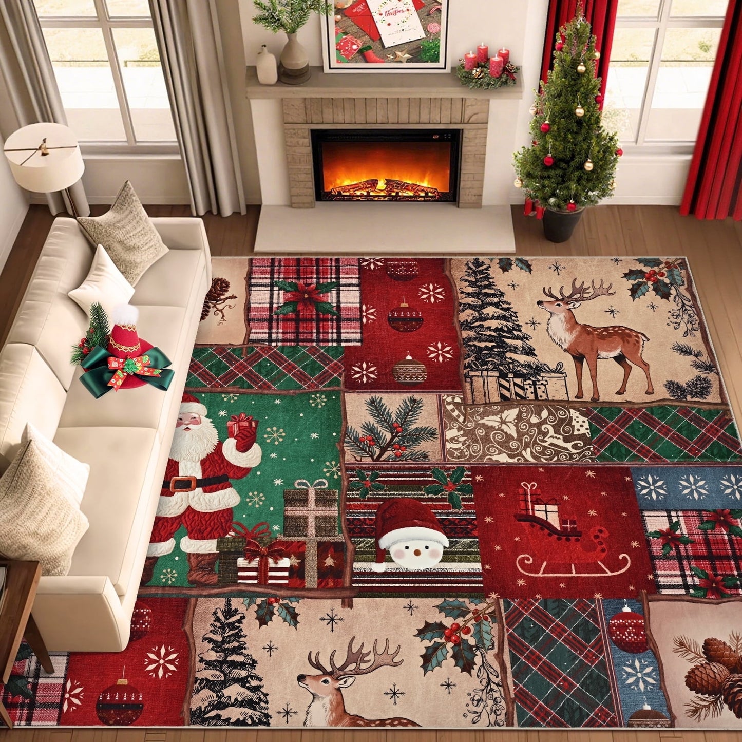 BLEUM CADE Christmas 3x5 Area Rugs for Living Room,Santa Claus Spliced Pattern Low Pile Washable Non Slip Rug Carpet Xmas Decor
