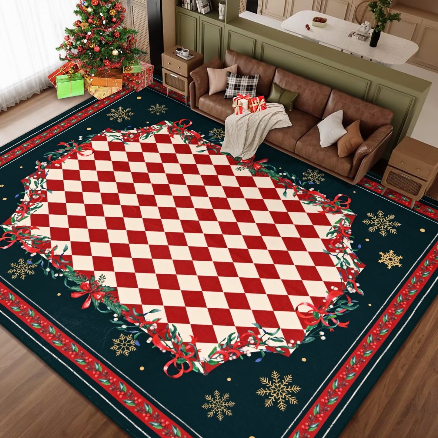 BLEUM CADE Christmas 5'x7' Area Rugs for Living Room, Washable Rugs for Bedroom Dinning Room,Red Checkered Rug Ultra Soft Non Slip Durable Large Carpet Home Decor