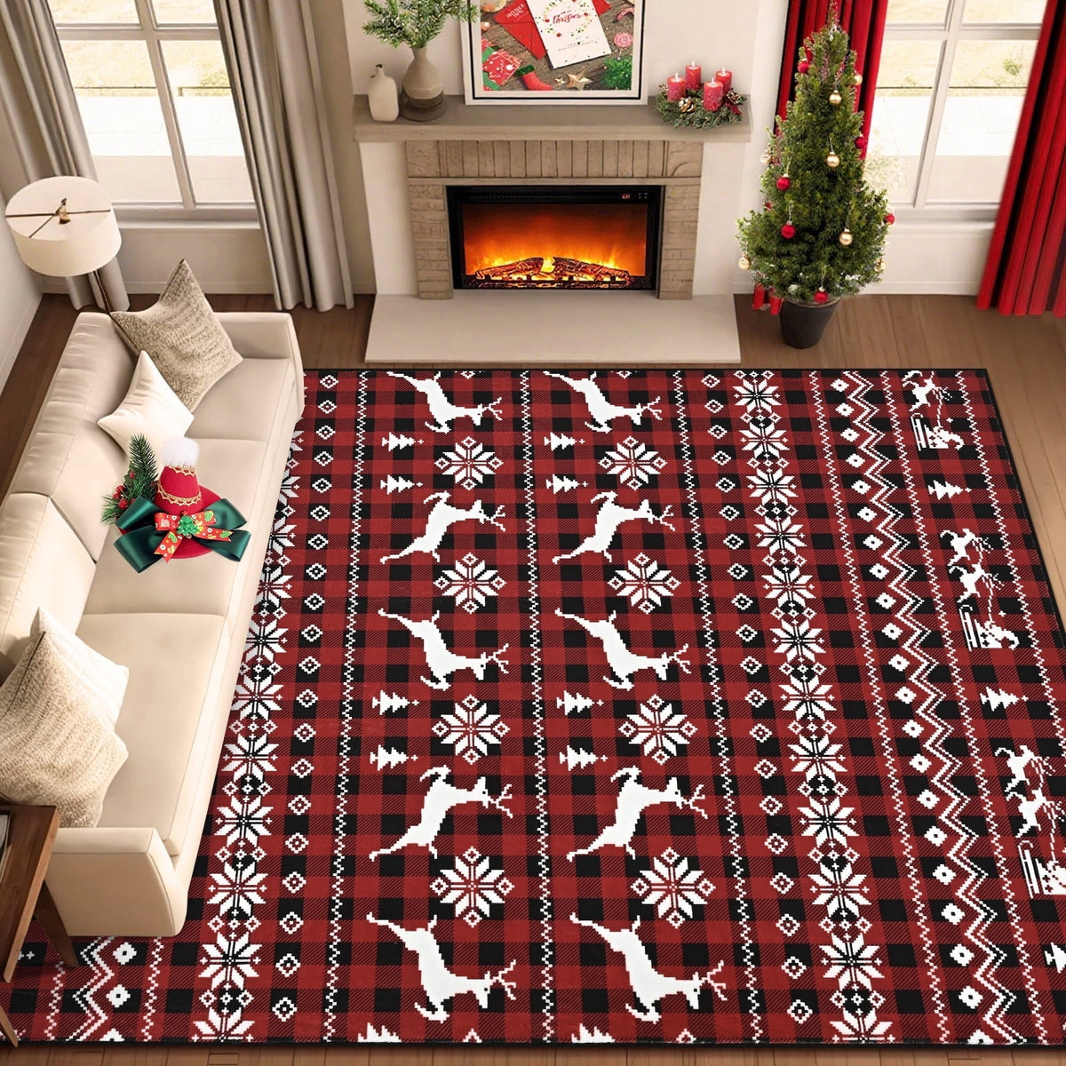 BLEUM CADE Christmas Area Rugs 8x10, Buffalo Plaid Rugs for Living Room, Red Reindeer Washable Rug Low Pile, Snowflake Bedroom Rug Non Slip, Soft Faux Wool Throw Carpet for Christmas Decorations