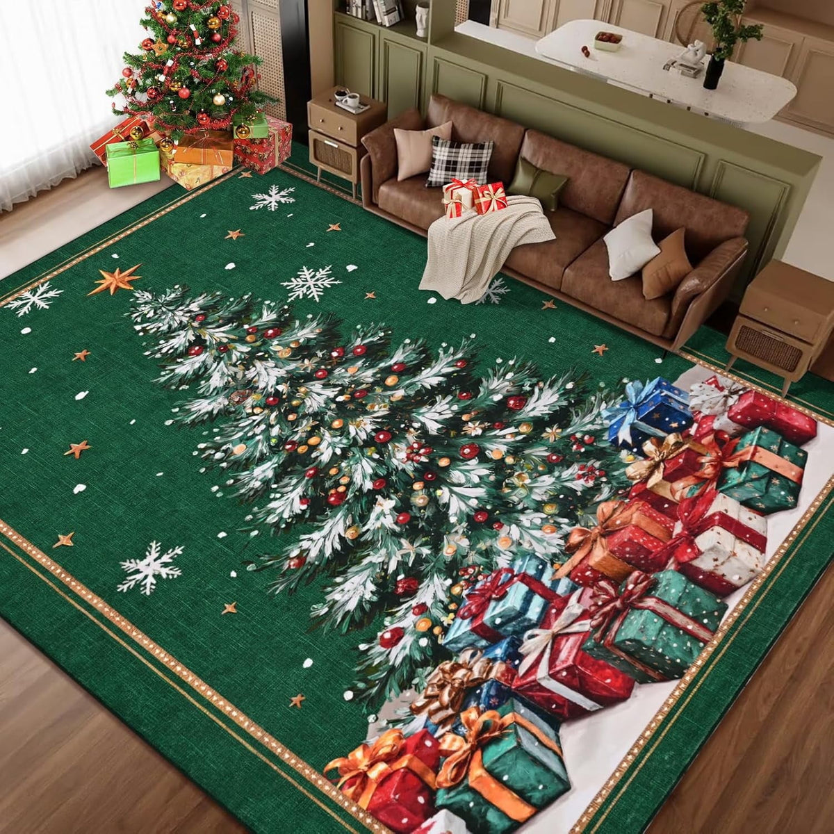 BLEUM CADE 8'x10' Christmas Tree Area Rugs for Living Room, Winter Green Washable Rugs for Bedroom Dinning Room, Ultra Soft Non Slip Durable Large Carpet Christmas Decorations