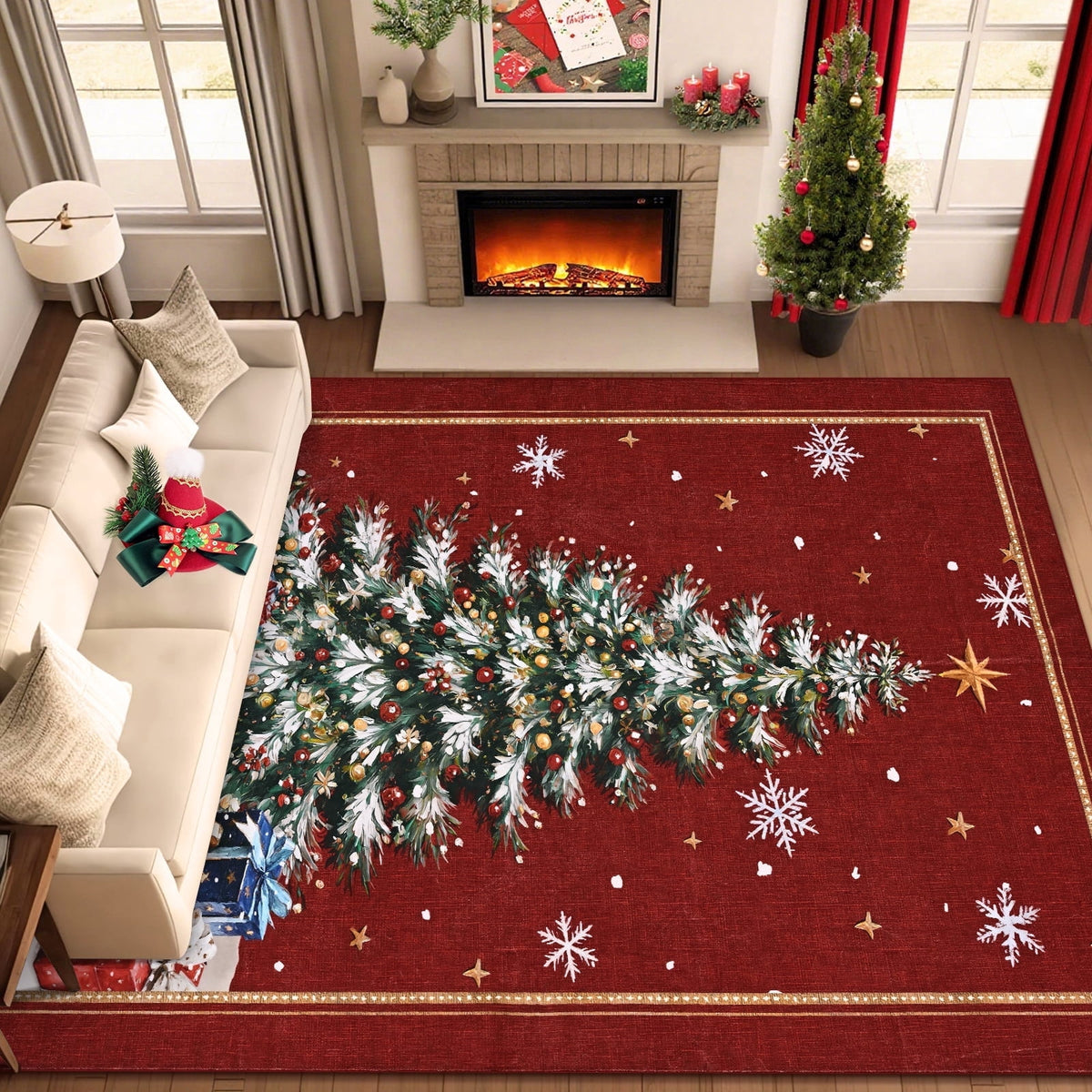 BLEUM CADE Christmas Tree 5'x7' Area Rugs for Living Room, Washable Rugs for Bedroom Dinning Room,Winter Red Rug Ultra Soft Non Slip Durable Large Carpet Christmas Decorations