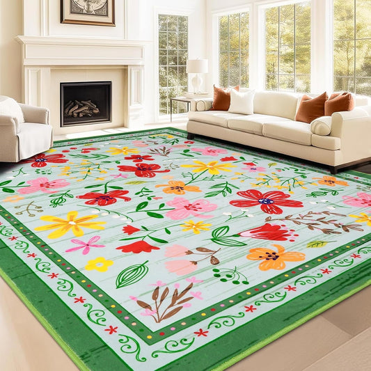 BLEUM CADE 8x10 Area Rug, Floral Rugs for Living Room, Lightweight Non Slip Washable Rug, Indoor Low Pile & Non-Shedding Vintage Rugs Carpet for Bedroom, Living Room, Dining Room, Green