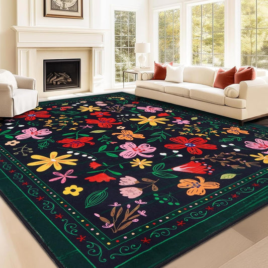 BLEUM CADE 8x10 Area Rug, Floral Rugs for Living Room, Lightweight Non Slip Washable Rug, Indoor Low Pile & Non-Shedding Vintage Rugs Carpet for Bedroom, Living Room, Dining Room, Black