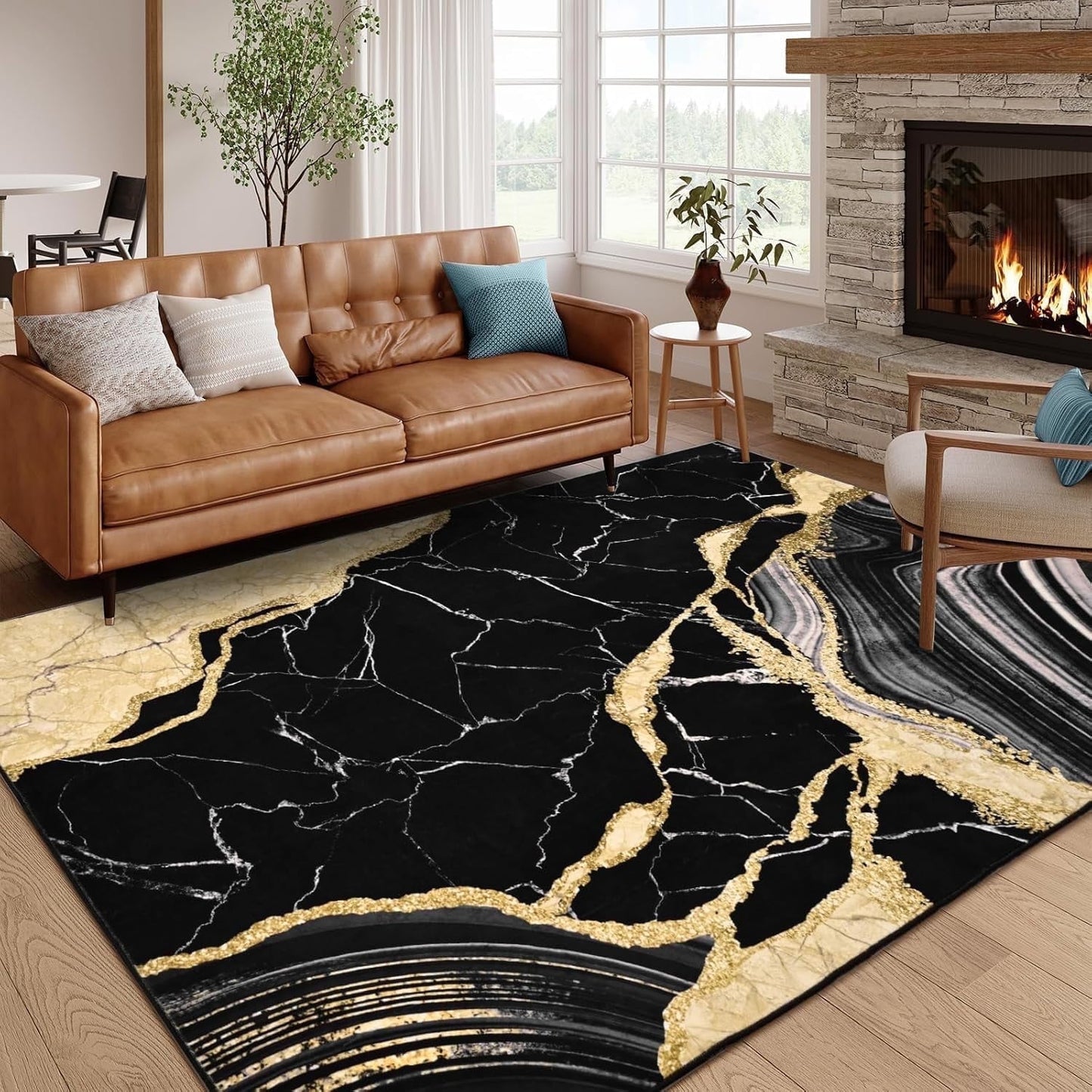 Bleum Cade 5'x7' Area Rugs for Living Room, Marble Swirl Abstract Rug Ultra Soft Washable Rugs for Bedroom, Anti Slip Durable Carpet Home Decor for Dining Room,Black Gold