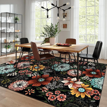 Bleum Cade Floral Area Rugs for Living Room 8x10, Boho Washable Rug, Soft Faux Wool Indoor Rug Carpet for Living Room Bedroom, Black