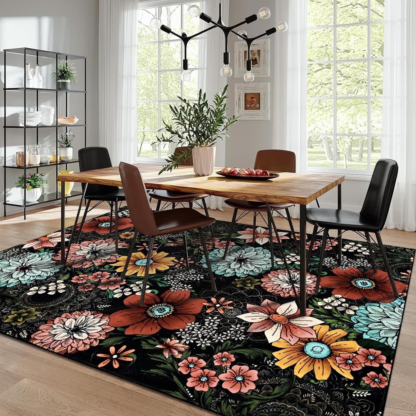 Bleum Cade 5'x7' Boho Floral Area Rugs for Living Room, Machine Washable Rug for Bedroom, Non Slip Low Pile Ultra Soft Faux Wool Rug Indoor Carpet for Dining Room
