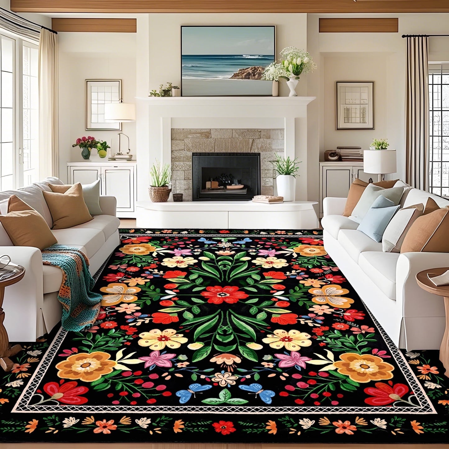 Bleum Cade 8'x10' Area Rugs for Living Room, Washable Rugs Modern Rugs for Bedroom Dinning Room,Boho Floral Rug Ultra Soft Non Slip Durable Large Carpet Home Decor, Black