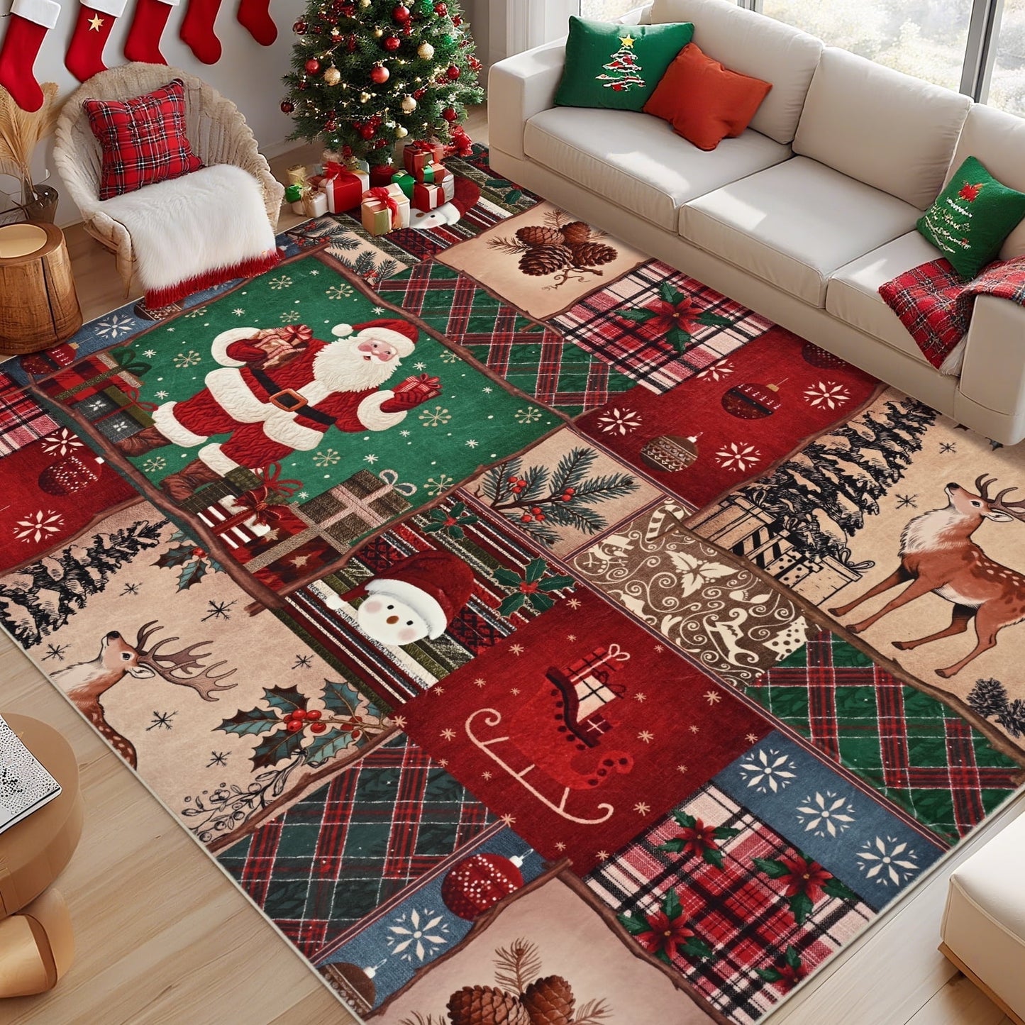 BLEUM CADE Christmas 3x5 Area Rugs for Living Room,Santa Claus Spliced Pattern Low Pile Washable Non Slip Rug Carpet Xmas Decor