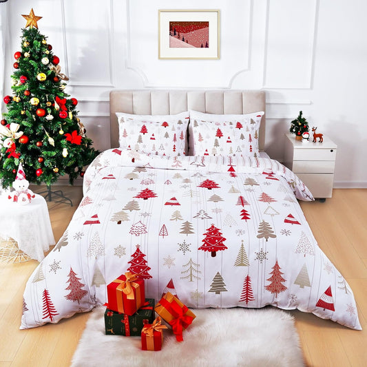 BLEUM CADE Christmas Duvet Cover Set,3 Pieces King Christmas Tree Comforter Cover Set,Striped Bedding Cover Christmas Snowflakes Quilt Cover with Zipper Closure