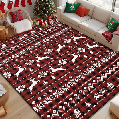 BLEUM CADE Christmas Area Rugs 8x10, Buffalo Plaid Rugs for Living Room, Red Reindeer Washable Rug Low Pile, Snowflake Bedroom Rug Non Slip, Soft Faux Wool Throw Carpet for Christmas Decorations