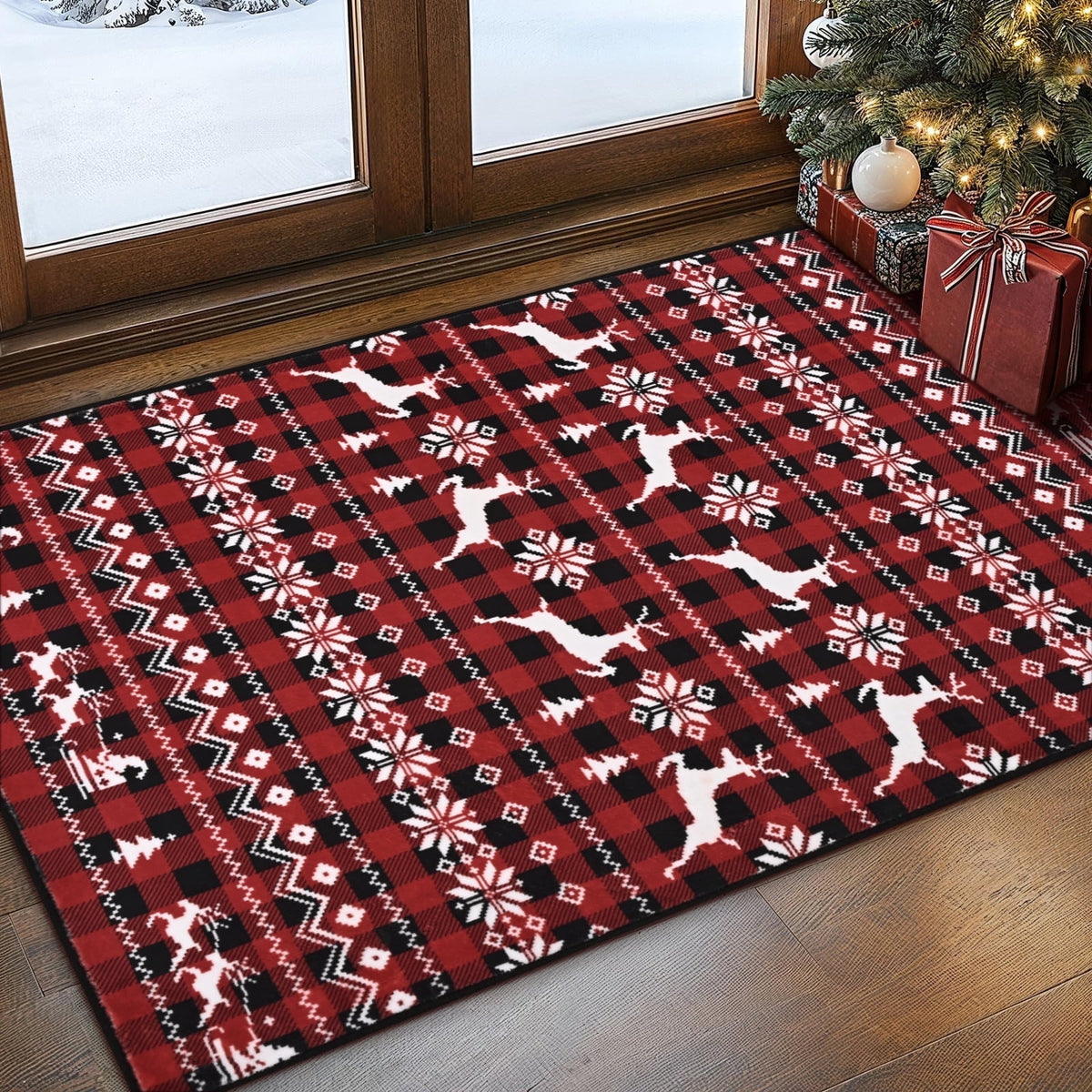 BLEUM CADE Christmas Area Rugs 8x10, Buffalo Plaid Rugs for Living Room, Red Reindeer Washable Rug Low Pile, Snowflake Bedroom Rug Non Slip, Soft Faux Wool Throw Carpet for Christmas Decorations