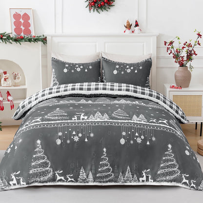 BLEUM CADE Christmas Queen Comforter Set Suit Christmas Tree & Deer Plaid Duvet Cover Set 3 - Piece Bed for Bedroom Set