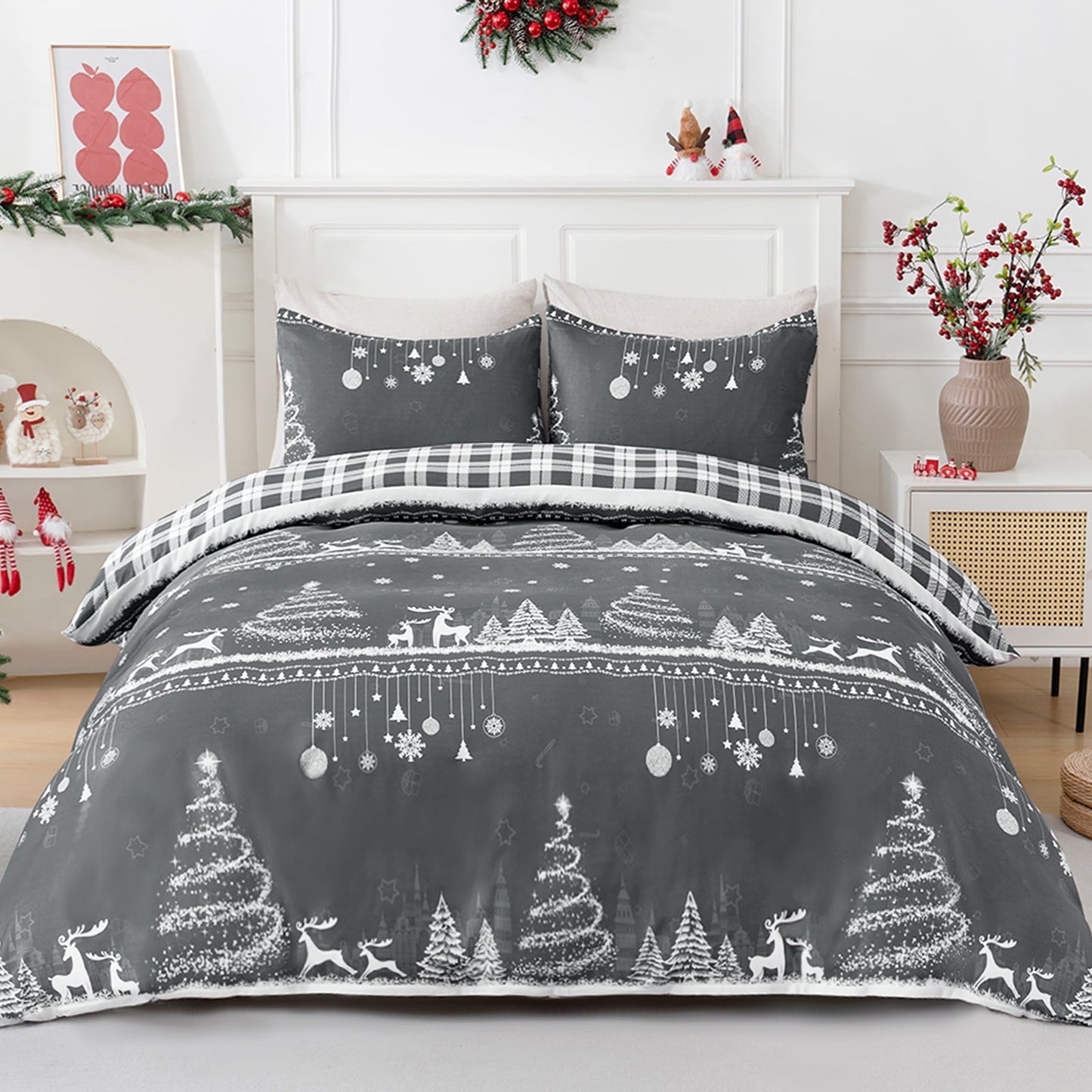 BLEUM CADE Christmas Queen Comforter Set Suit Christmas Tree & Deer Plaid Duvet Cover Set 3 - Piece Bed for Bedroom Set