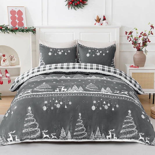 BLEUM CADE Christmas Queen Comforter Set Suit Christmas Tree & Deer Plaid Duvet Cover Set 3 - Piece Bed for Bedroom Set