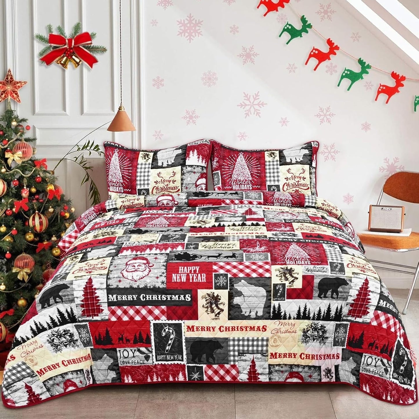 BLEUM CADE Christmas Quilts Queen Size 3 Piece, Santa Claus & Snowflake Quilt Bedding Set, Christmas Decor Soft Lightweight Bedspread Coverlet Set (1 Quilt, 2 Pillow Cases)
