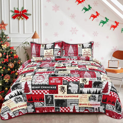 BLEUM CADE Christmas Quilts Queen Size 3 Piece, Santa Claus & Snowflake Quilt Bedding Set, Christmas Decor Soft Lightweight Bedspread Coverlet Set (1 Quilt, 2 Pillow Cases)