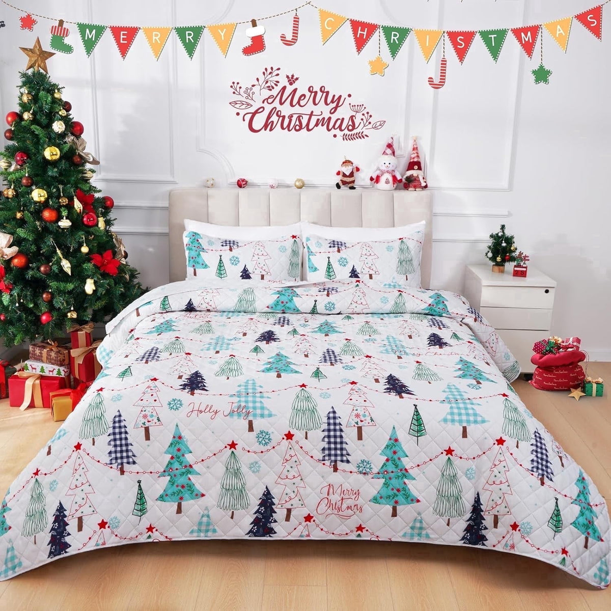 BLEUM CADE 3 Pieces Christmas Quilts Sets King Size, Christmas Tree Quilt Bedding Set, Reversible Green Buffalo Plaid Comforter Sets, Santa Claus Soft Lightweight Xmas Bedspread Coverlet, 106" x 96"
