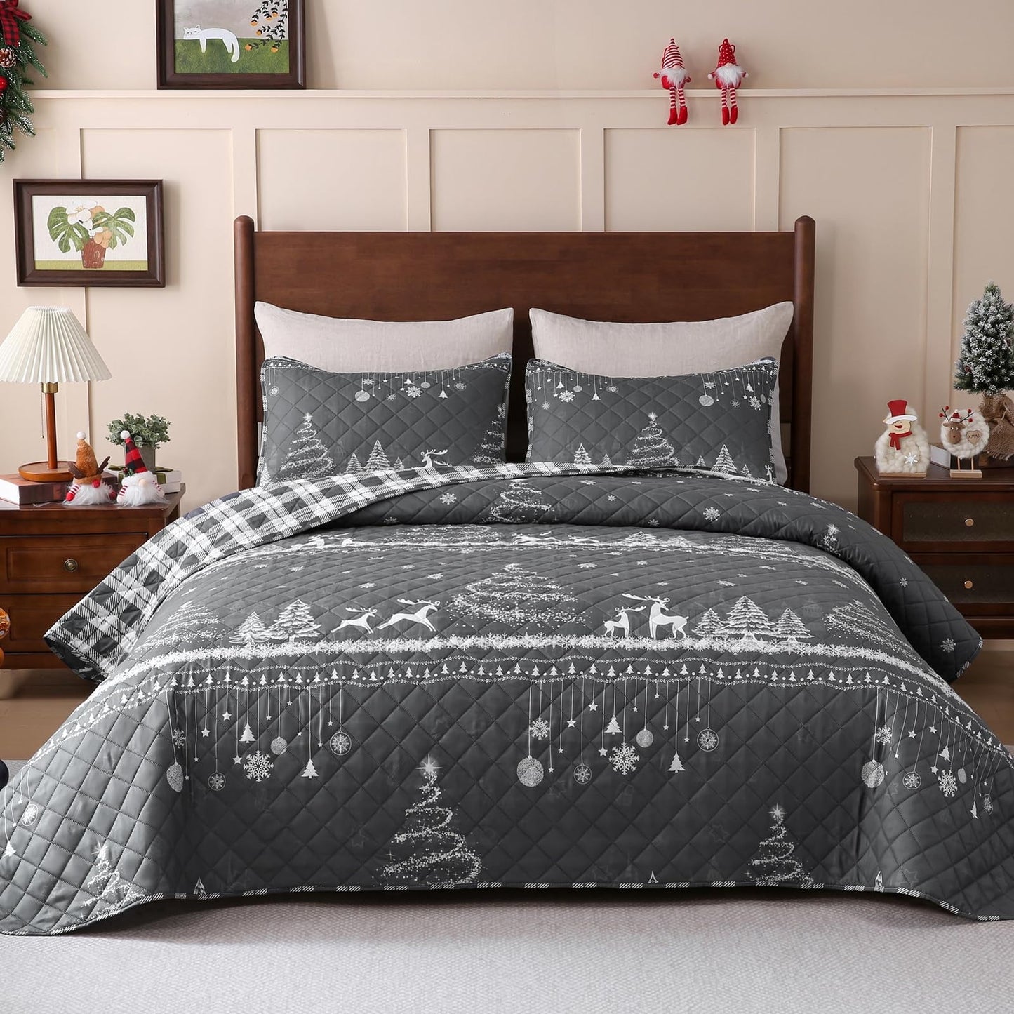 BLEUM CADE Christmas Quilt Set Queen Size, 3 Pieces Christmas Trees Reversible Quilt Bedding Set,Snowflakes Soft Lightweight Bedspread Coverlet Set (1 Quilt, 2 Pillow Shams)