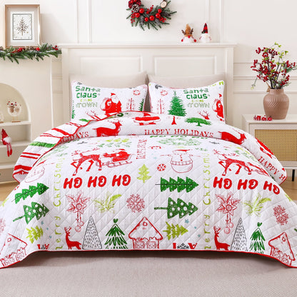 BLEUM CADE Christmas Quilt Sets Queen Size, 3 Pieces Christmas Tree Snowman Bedspread Coverlet Sets,Reversible Lightweight Xmas Coverlet Bedding Quilts Set(1 Quilt, 2 Pillow Shams)