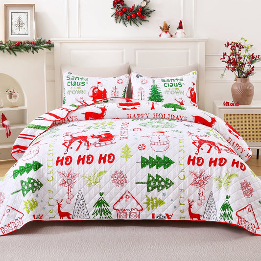 BLEUM CADE Christmas Quilt Sets Queen Size, 3 Pieces Christmas Tree Snowman Bedspread Coverlet Sets,Reversible Lightweight Xmas Coverlet Bedding Quilts Set(1 Quilt, 2 Pillow Shams)