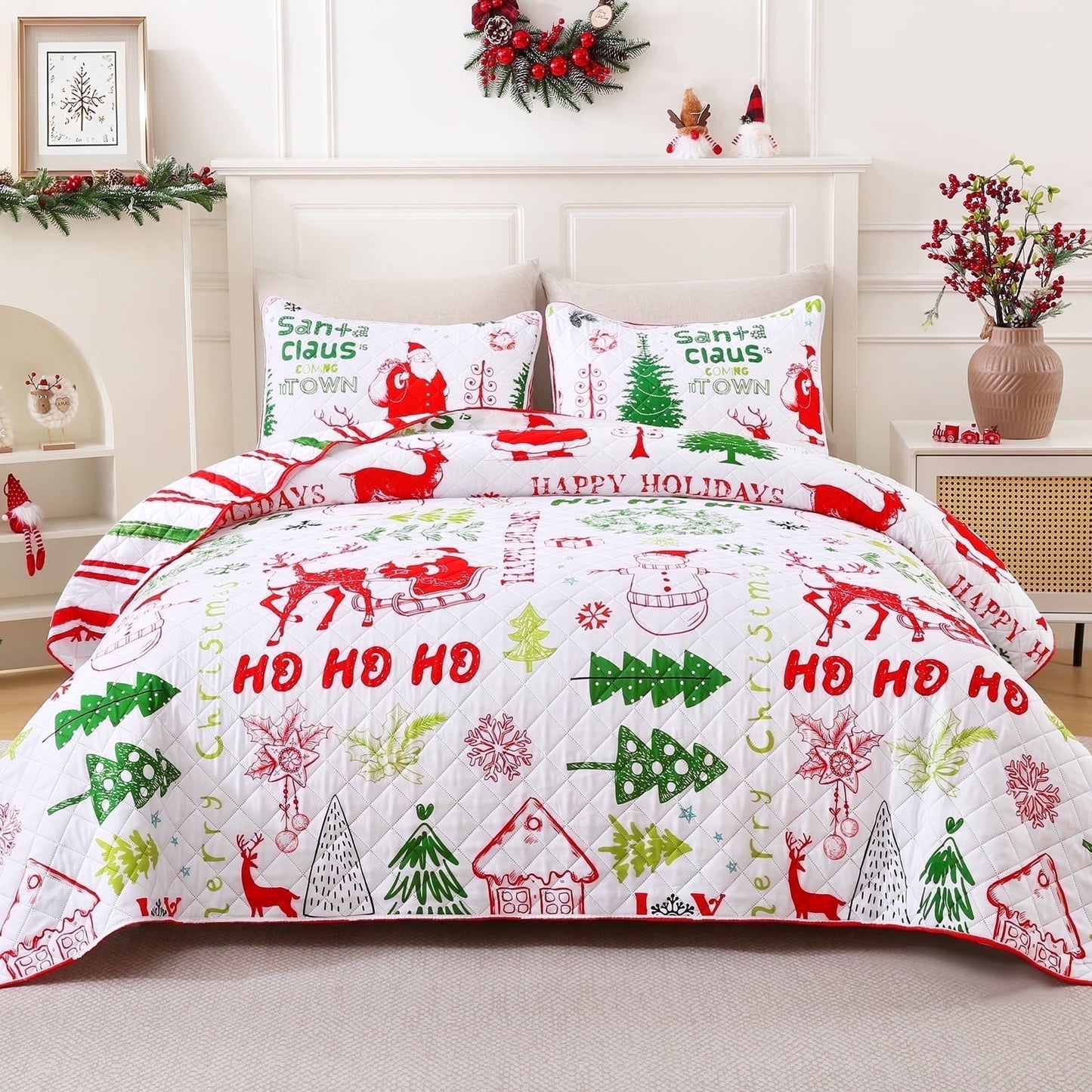 BLEUM CADE Christmas Quilts Queen Size 3 Piece, Santa Claus & Snowflake Quilt Bedding Set, Christmas Decor Soft Lightweight Bedspread Coverlet Set (1 Quilt, 2 Pillow Cases)