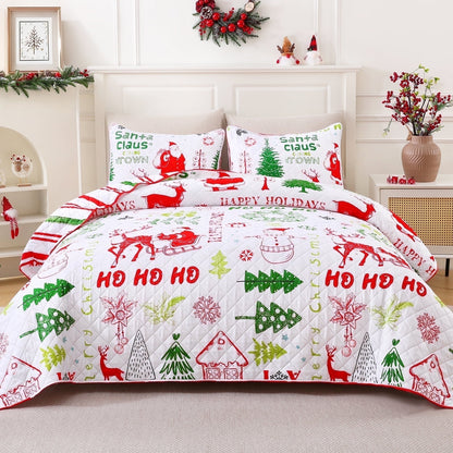 BLEUM CADE Christmas Quilts Queen Size 3 Piece, Santa Claus & Snowflake Quilt Bedding Set, Christmas Decor Soft Lightweight Bedspread Coverlet Set (1 Quilt, 2 Pillow Cases)