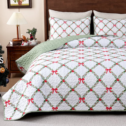 BLEUM CADE Christmas Quilts King Size 3 Piece, Bow & Festive Foliage Quilts Bedding Set, Christmas Decor Super Soft Bedspread Coverlet Set (1 Quilt, 2 Pillow Cases)