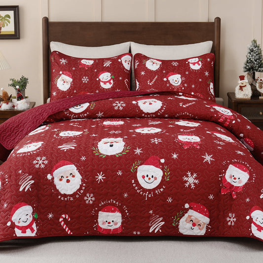 BLEUM CADE Christmas Quilts King Size 3 Piece, Santa Claus & Snowflake Quilt Bedding Set, Christmas Decor Soft Lightweight Bedspread Coverlet Set (1 Quilt, 2 Pillow Cases)