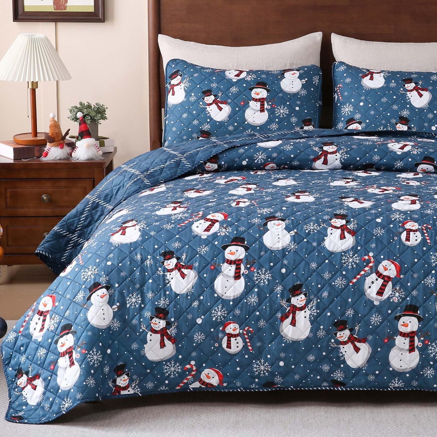 BLEUM CADE Christmas Quilts Sets King Size,3 Pieces Christmas Snowman Quilt Bedding Set,Reversible Blue Buffalo Plaid Comforter Sets,Christmas Tree Soft Lightweight Xmas Bedspread Coverlet,106" x 96"