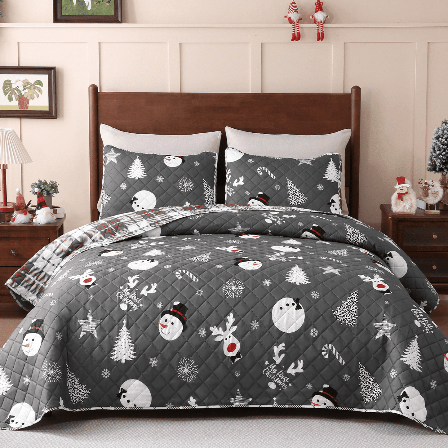 BLEUM CADE Christmas Quilts Sets Queen Size,3 Pieces Christmas Tree Quilt Bedding Set, Reversible Grey Buffalo Plaid Comforter Sets, Soft Lightweight Xmas Bedspread Coverlet,90"x90"