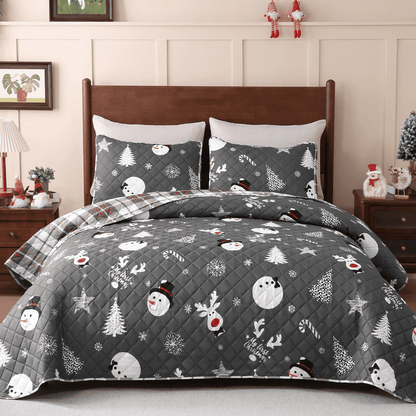 BLEUM CADE Christmas Quilts Sets Queen Size,3 Pieces Christmas Tree Quilt Bedding Set, Reversible Grey Buffalo Plaid Comforter Sets, Soft Lightweight Xmas Bedspread Coverlet,90"x90"