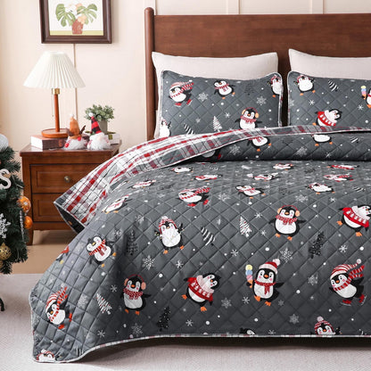 BLEUM CADE Christmas Quilts Sets King Size,3 Pieces Christmas Penguin Quilt Bedding Set, Reversible Grey Buffalo Plaid Comforter Sets,Soft Lightweight Xmas Bedspread Coverlet, 106" x 96"